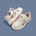 Comfortable girls white sneakers featuring pink star accents and heart charms with thick soles - 29 / Pink