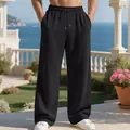 Λεπτομέρεια από ανδρικό μαύρο ριγέ χαλαρό casual παντελόνι με κορδόνι στην ελαστική μέση - Μαύρο