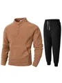 Heren tweedelige fleece set met kameelkleurige top en zwarte trainingsbroek - S / Boven- En Onderstuk / Khaki