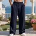 Premium men's loose navy trousers featuring vertical rib texture and drawstring waist - S / Bottoms / Navy Blue