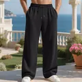 Men's heavy black pleated wide-leg trousers with ribbed texture and drawstring waist - S / Bottoms / Black