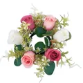 Close-up top view of decorative artificial rose and eucalyptus candle ring wreath for tables - 4 Pcs Pack / Rose Red