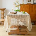 Nappe en dentelle au crochet beige rétro français avec des glands élégants pour la table - Style Z7 Jaune Crème à Six Pétales / 100x100cm (Petit Carré/Rond)