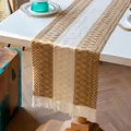 Chemin de table bohème tissé en coton avec rayures beige et blanc et bords à franges - Milieu Coton Bord Droit Gland Frangé (MX06) / 30x50cm / Beige
