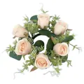 Macro view of artificial rose candle ring with eucalyptus leaves and small flowers - 4 Pcs Pack / Champagne