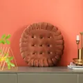 Detail of a cozy brown biscuit-shaped round plush seat cushion for home decor. - Round Biscuit Shape / Brown