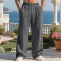 Men's loose grey ribbed casual pants with drawstring waist in straight-leg style - Dark Gray