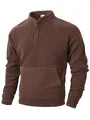 Detailed view of brown men's fleece pullover with stand collar and front pocket - Coffee