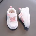 White microfiber leather baby walking shoes with pink accents and velcro strap - Inner Length 12.5cm / Size 16 / Pink