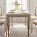Nappe en dentelle beige rétro française avec motifs géométriques et glands - Motif Carré Blanc Crème / 60*60cm (Petite Nappe Carrée)