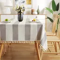 Modern grey and white striped linen tablecloth with decorative tassel fringe - 100*140cm / Purple Coffee