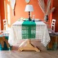 Nappe rectangulaire élégante de style français vintage avec rayure verte et glands - Patchwork Crème et Vert (Gland Crème) / 85x85cm (Petit Couvercle Carré)