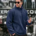 Detailed view of navy blue sherpa fleece jacket with stand collar for men winter fashion - Navy Blue