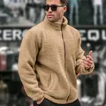 Detail view of men's fuzzy fleece jacket with stand collar and zipper in khaki - S / Tops / Khaki