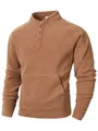 Close-up of a men's brown fleece henley sweatshirt with a stand collar and kangaroo pocket. - Khaki