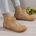 Women's brown leather round toe ankle boots with contrast stitching and side zipper - 35 / Beige