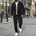 Men's casual black waffle knit jacket and trousers set for urban street style. - S / Top And Bottom / Black