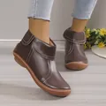 Minimalist brown leather ankle boots for women with white stitching detail and round toe - 35 / Tan