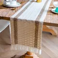 Chemin de table bohème en coton tissé avec rayures marron et pompons décoratifs - MX04 (Deux fils fins et glands) / 30*50cm / Blanc cassé et Marron