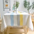 Modern cotton linen tablecloth with blue yellow stripes and elegant fringe tassels in a dining room - 100*140cm / Yellow Blue