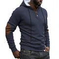 Men's textured navy blue hoodie with brown elbow patches and stylish button neckline - S / Top (Z8046) / Navy Blue