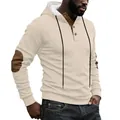 Men's heavyweight cream hoodie with diamond quilted texture and brown elbow patches - S / Top (Z8046) / Apricot