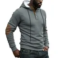 Men's heavy grey textured hooded sweatshirt with stylish elbow patches and buttoned neck - S / Top (Z8046) / Dark Gray