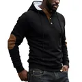 Men's black textured hoodie with brown elbow patches and button neck, casual SKU view. - Black