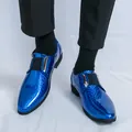 Mocassins pour hommes en cuir verni bleu électrique à motif serpent de style britannique - 38 / Bleu