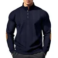 Detailed view of a navy cable knit sweater featuring elbow patches and a button collar - S / Tops / Navy Blue