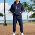 Full shot of men's heavyweight navy blue fleece hoodie and sweatpants tracksuit. - S / Top And Bottom / Navy Blue