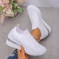 White fly-knit rhinestone sneakers with thick silver accented soles for women - 36 / White
