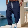 Men's navy blue fleece cargo sweatpants with drawstring and multiple pockets for winter - S / Bottoms / Navy Blue