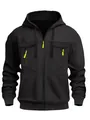 Front view of men's black zip-up hoodie with distinctive neon yellow zipper pulls. - Black
