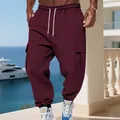 Casual men's burgundy fleece cargo joggers featuring drawstring waist and multiple pockets - S / Bottoms / Burgundy