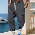Dark grey men's fleece cargo sweatpants with drawstring waist and multi-pockets SKU - S / Dark Gray