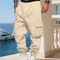 Men's stylish beige fleece cargo sweatpants with multi-pockets and drawstring waist - S / Bottoms / Apricot
