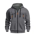 Men's casual grey hooded sweatshirt with full zipper and orange pocket accents - S / Tops / Dark Gray