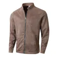 Stylish men's slim fit brown faux suede bomber jacket with stand collar and zipper - S / Tops / Brown