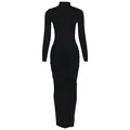Elegant slim fit black ruched high neck long sleeve maxi dress for autumn women - S / Dresses / Black