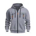 Men's autumn winter zip-up hoodie in grey with orange zipper accents and multi-pockets - S / Tops / Light Gray