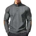 Close-up of a gray jacquard men's Henley shirt featuring a stand collar and elbow patches. - Dark Gray