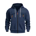Men's autumn winter casual zip-up hoodie in dark blue with orange zipper accents - S / Tops / Navy Blue