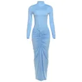 Elegant light blue ruched high neck long sleeve bodycon maxi dress for women chic - Light Blue