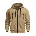 Casual khaki men's hooded zip-up sweatshirt with multi-pockets and orange pulls. - Khaki
