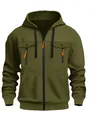 Sweat à capuche zippé vert olive pour hommes avec détails orange et poches poitrine - Vert Militaire