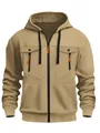 Sweat à capuche décontracté kaki pour hommes avec cordons noirs et détails orange - Chameau