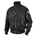 Black tactical flight bomber jacket featuring flag patches and a stand-up collar design - S / Tops / Black