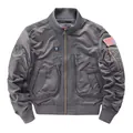 Men's grey tactical flight jacket with air force patches and US flag arm badge - S / Tops / Gray