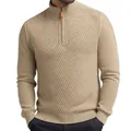 Gebreide herentrui met ritskraag en diagonaal patroon in een zeer stijlvolle beige - M / Tops / Khaki